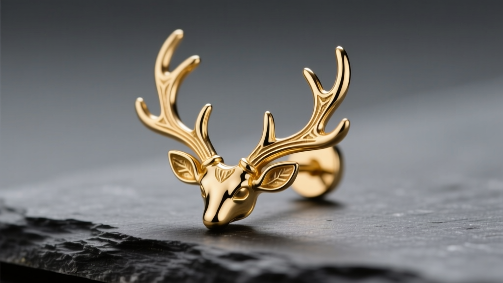 Close-up of 14k gold deer antler stud earrings resting on dark slate, illuminated by soft directional studio lighting for detail.