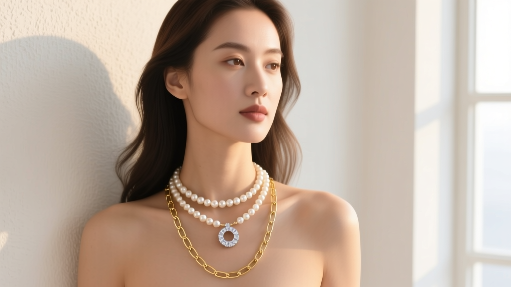 Woman wearing a layered stack with a 14-inch pearl choker, a 16-inch diamond circle pendant, and an 18-inch gold paperclip chain.