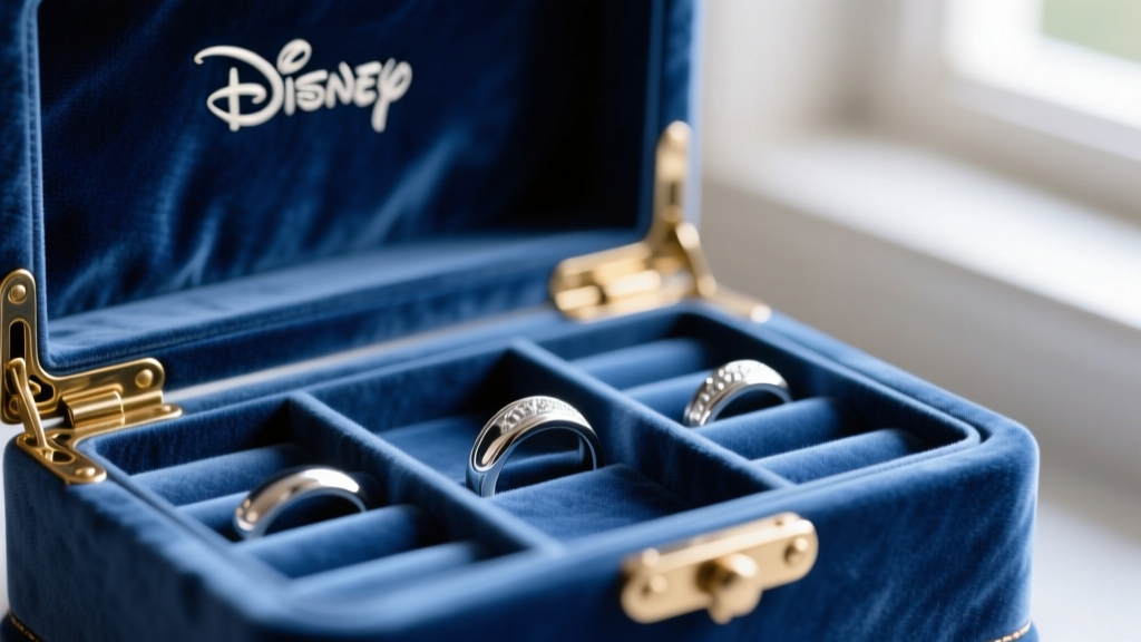 Close-up of blue anti-tarnish velvet lining inside Disney Cinderella jewelry box, highlighting silver ring slots and brass hinges