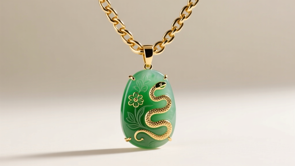 Side profile of a 10mm gold Cuban link chain holding a carved Type A jadeite pendant under soft studio lighting.