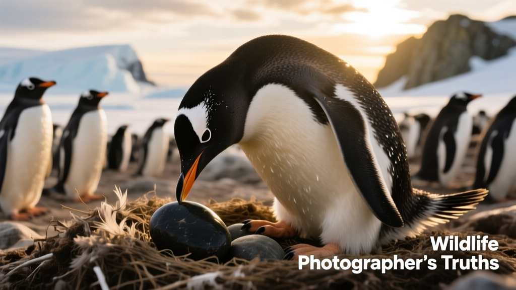 Close-up of a gentoo penguin carefully placing a smooth, dark rock into its nest while others watch nearby