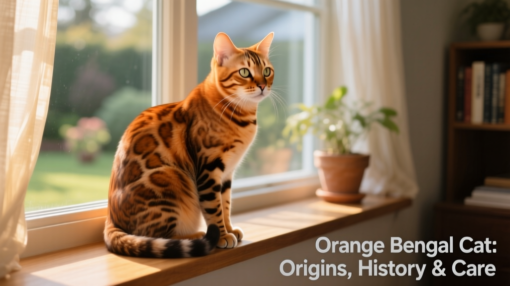 Adult orange-toned Bengal sitting calmly on a windowsill, gazing outside with relaxed posture and gleaming coat
