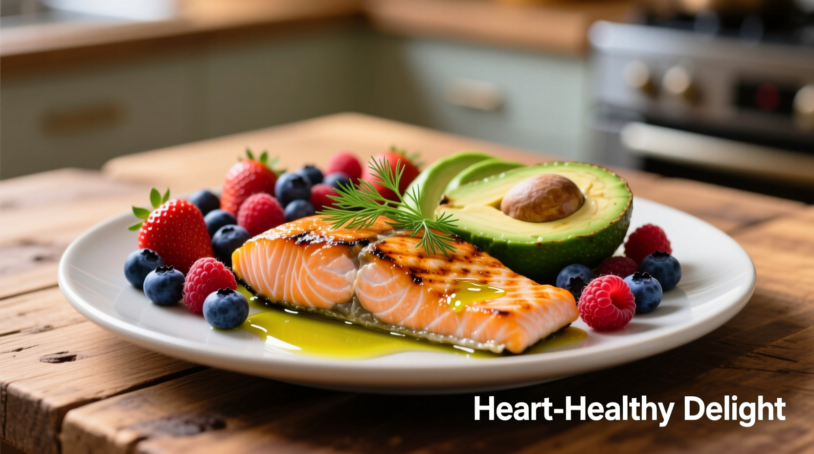 Colorful plate of heart-healthy foods including salmon, avocado, and berries