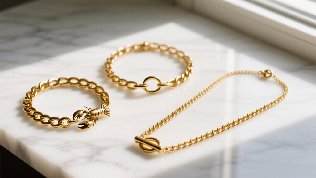Flat lay of three different gold vermeil chain necklaces on a white marble surface showing varying lengths and clasp mechanisms