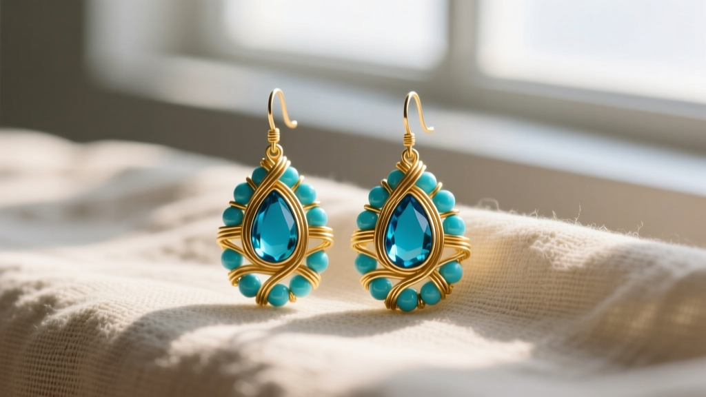 Close-up of turquoise and gold wire-wrapped teardrop beaded earrings resting on soft linen cloth under warm natural window light