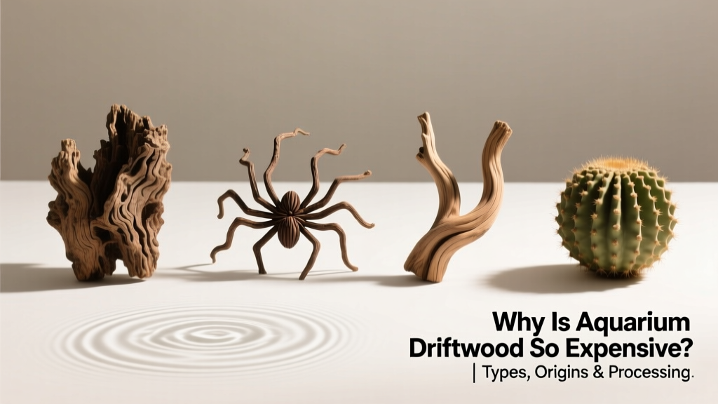 Side-by-side comparison of four driftwood types: mopani, spiderwood, manzanita, and cholla wood on a clean white surface