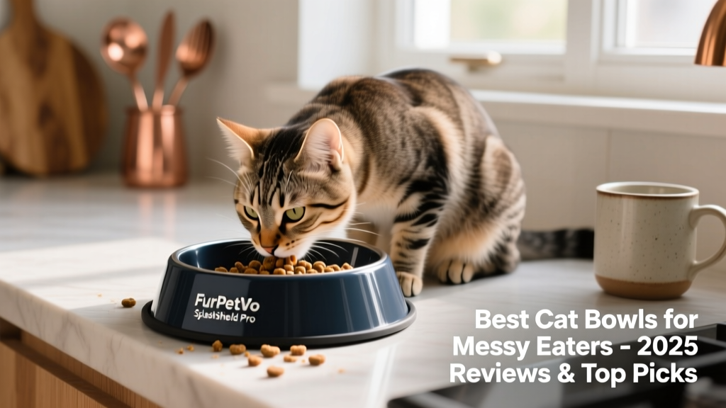 A cat calmly eating from the FurPetVo SplashShield Pro bowl, with kibble contained neatly inside the deep compartment and no debris visible on the surrounding surface