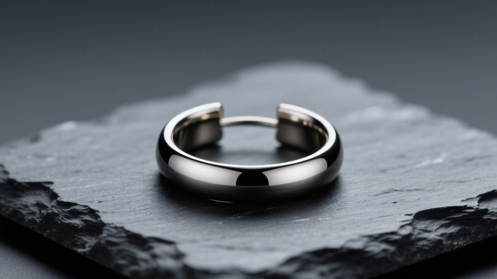Seamless 16-gauge titanium earring loop resting on dark slate, illuminated by soft directional studio lighting to show metal polish.