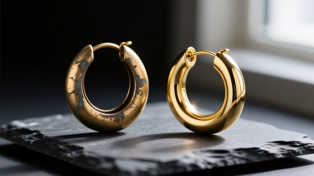 Macro photography comparing a tarnished brass hoop earring next to a pristine 14k gold-filled hoop on a dark slate jewelry display