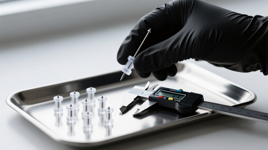 Piercer in black gloves holding clear PTFE retainer studs next to a digital caliper measuring tool on a stainless steel tray