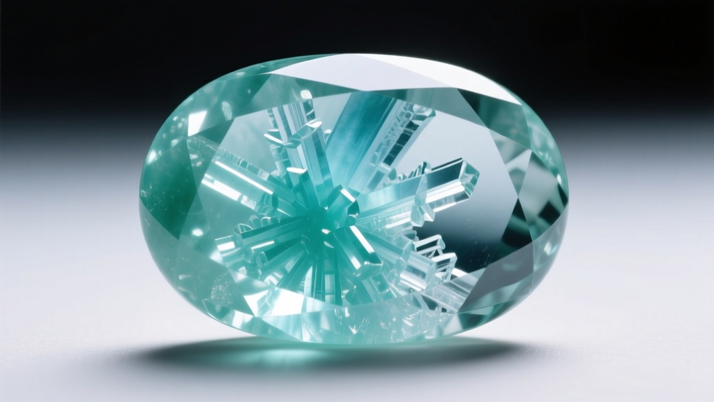 Macro shot of translucent icy jadeite cabochon showing fibrous interlocking crystal structures under bright studio lighting.