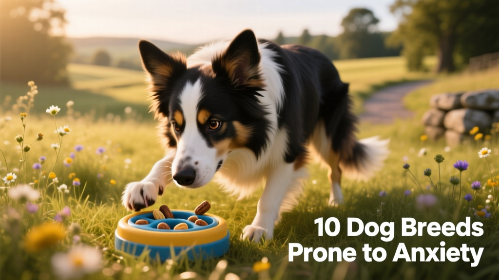 A Border Collie intently working on a treat-dispensing puzzle toy outdoors
