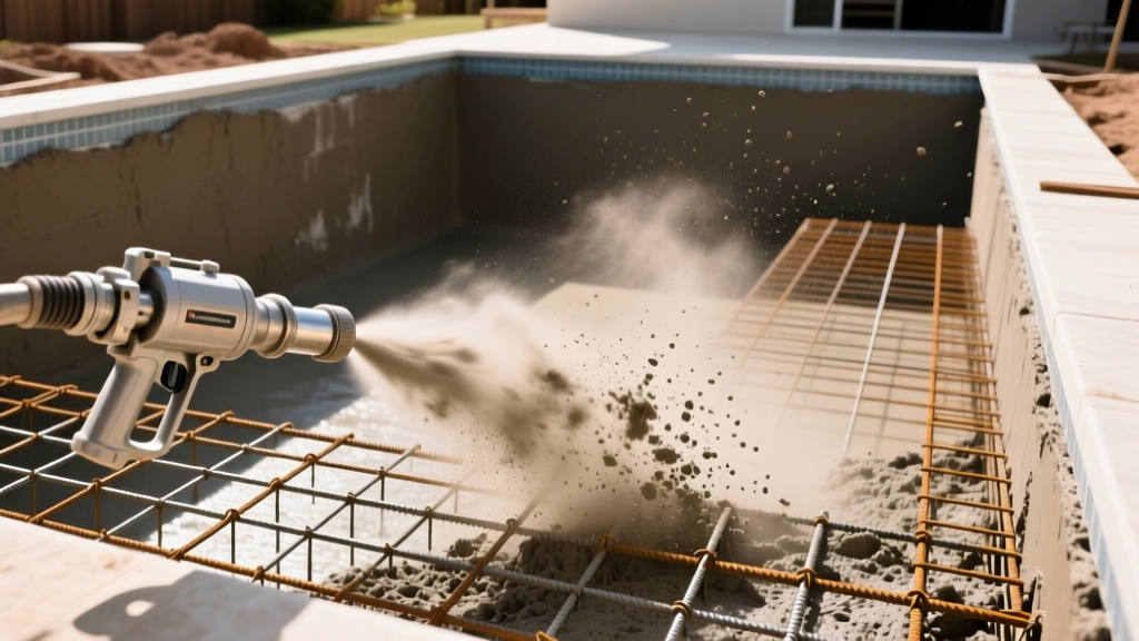 Pneumatic gunite nozzle spraying dry-mix concrete over a steel rebar grid inside an excavated residential swimming pool.