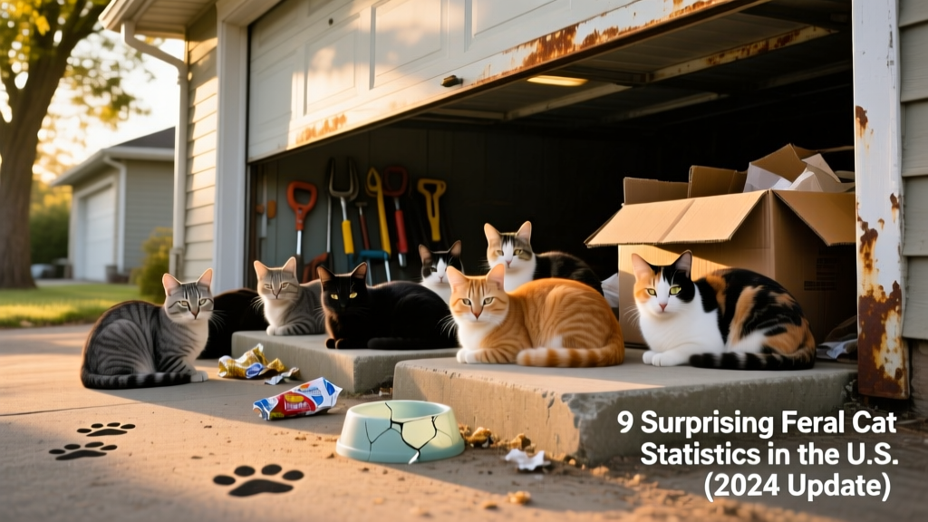 A group of feral cats resting near a suburban garage, illustrating typical colony living conditions
