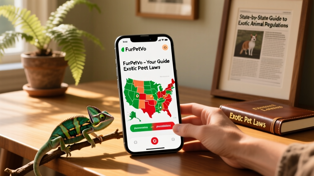 A FurPetVo mobile app interface displaying an interactive map of U.S. states color-coded by exotic pet restriction level