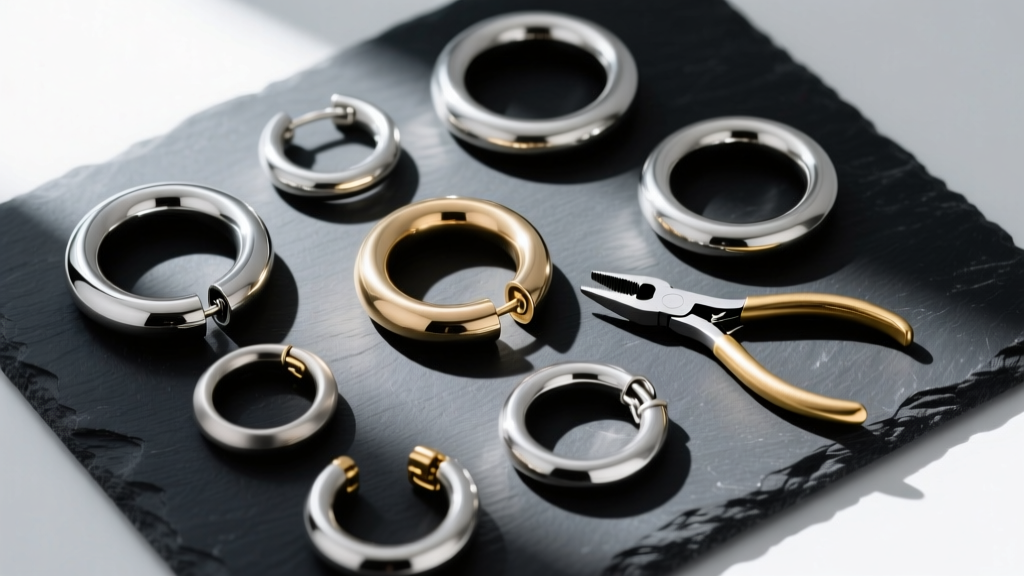 Overhead flat lay of hinged hoops in surgical steel, titanium, and silver, arranged on dark slate with small pliers.