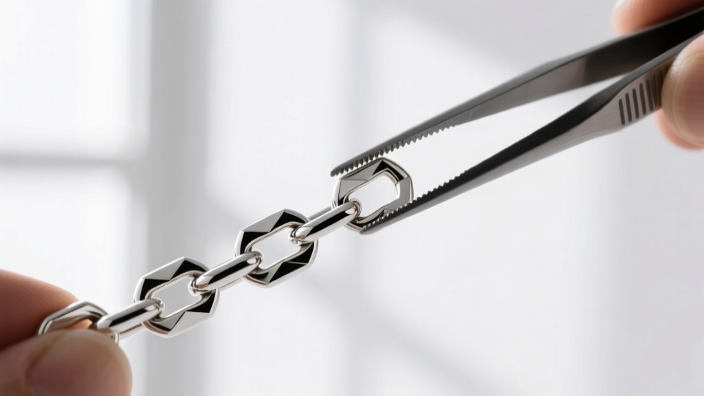 Macro shot of a sterling silver box chain link held by fine tweezers, highlighting the interlocking geometric structure