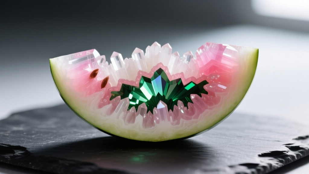 Macro shot of raw watermelon tourmaline slice showing vivid pink, white, and green color zones against a dark slate background