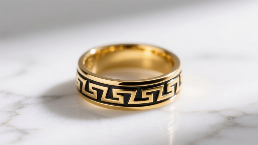 Macro shot of 18k yellow gold Greek meander ring with matte finish and black enamel inlay resting on a white marble surface