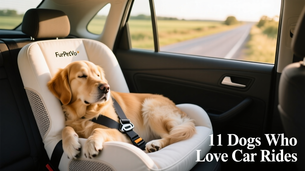 A calm, relaxed dog resting in a FurPetVo-certified car seat with safety tether attached