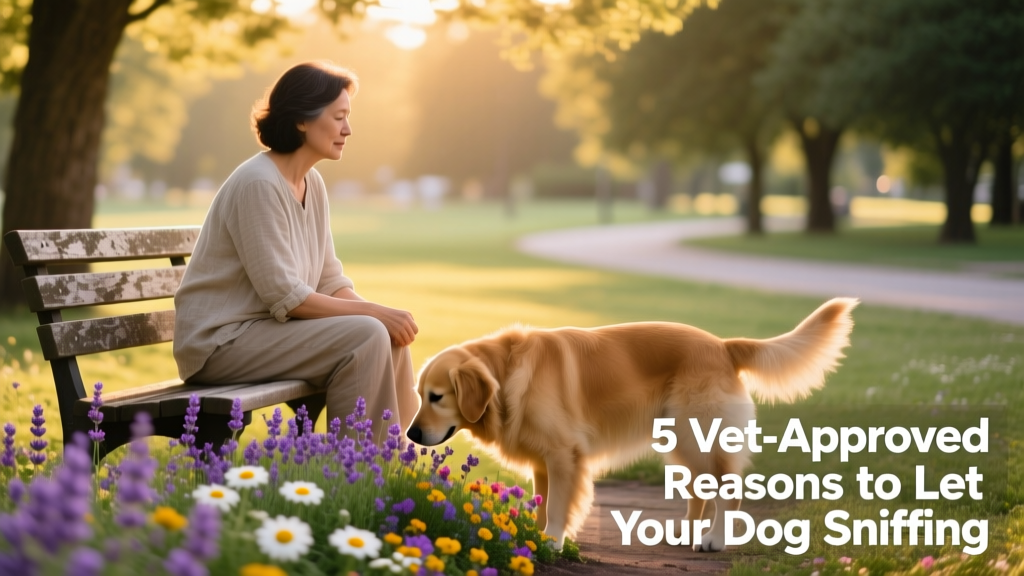 Owner sitting quietly on a park bench while their dog explores a flowerbed nearby