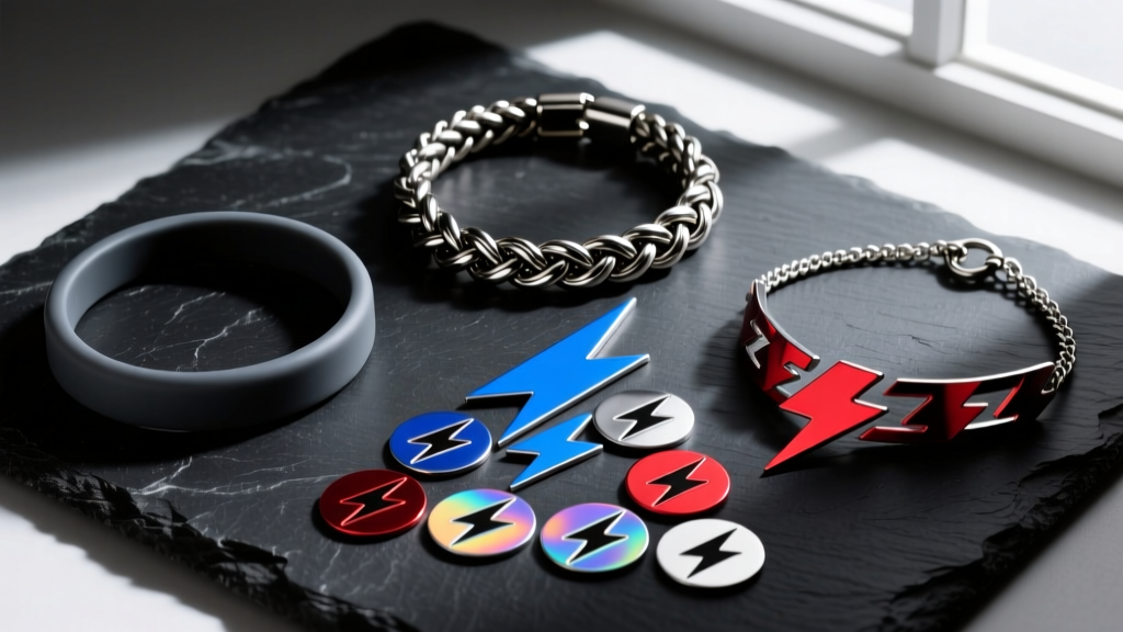 Flat lay of three mens tattoo-style necklaces on dark slate: a silicone band, a braided steel choker, and metallic flash tattoos