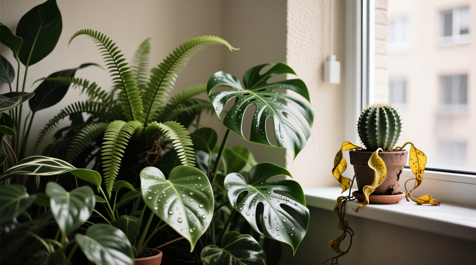grouped tropical plants creating microclimate humidity in dry apartment versus single plant suffering