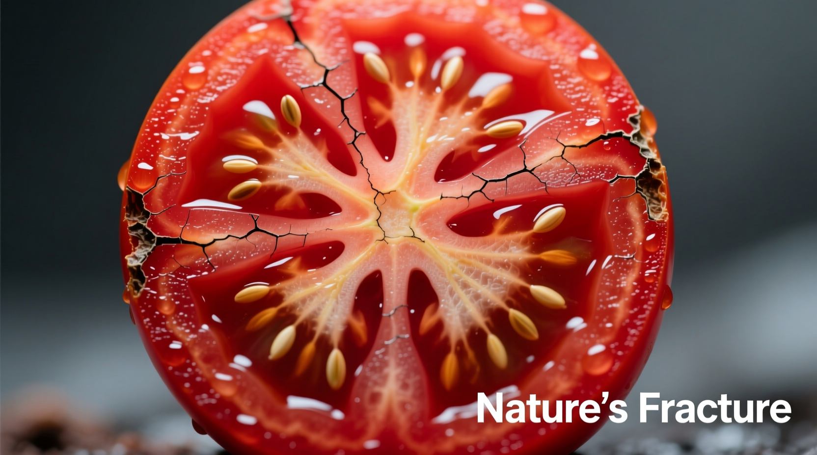 Close-up of split tomato showing radial cracking pattern