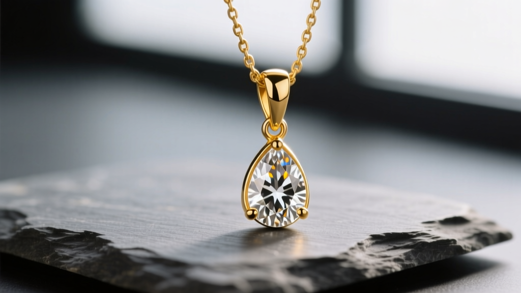Macro shot of an 18k yellow gold drop necklace with a teardrop diamond pendant on slate, highlighting the bail.