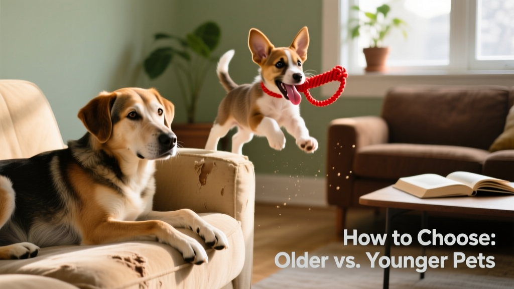 A relaxed adult mixed-breed dog resting beside a couch and a small, energetic puppy mid-play with a rope toy