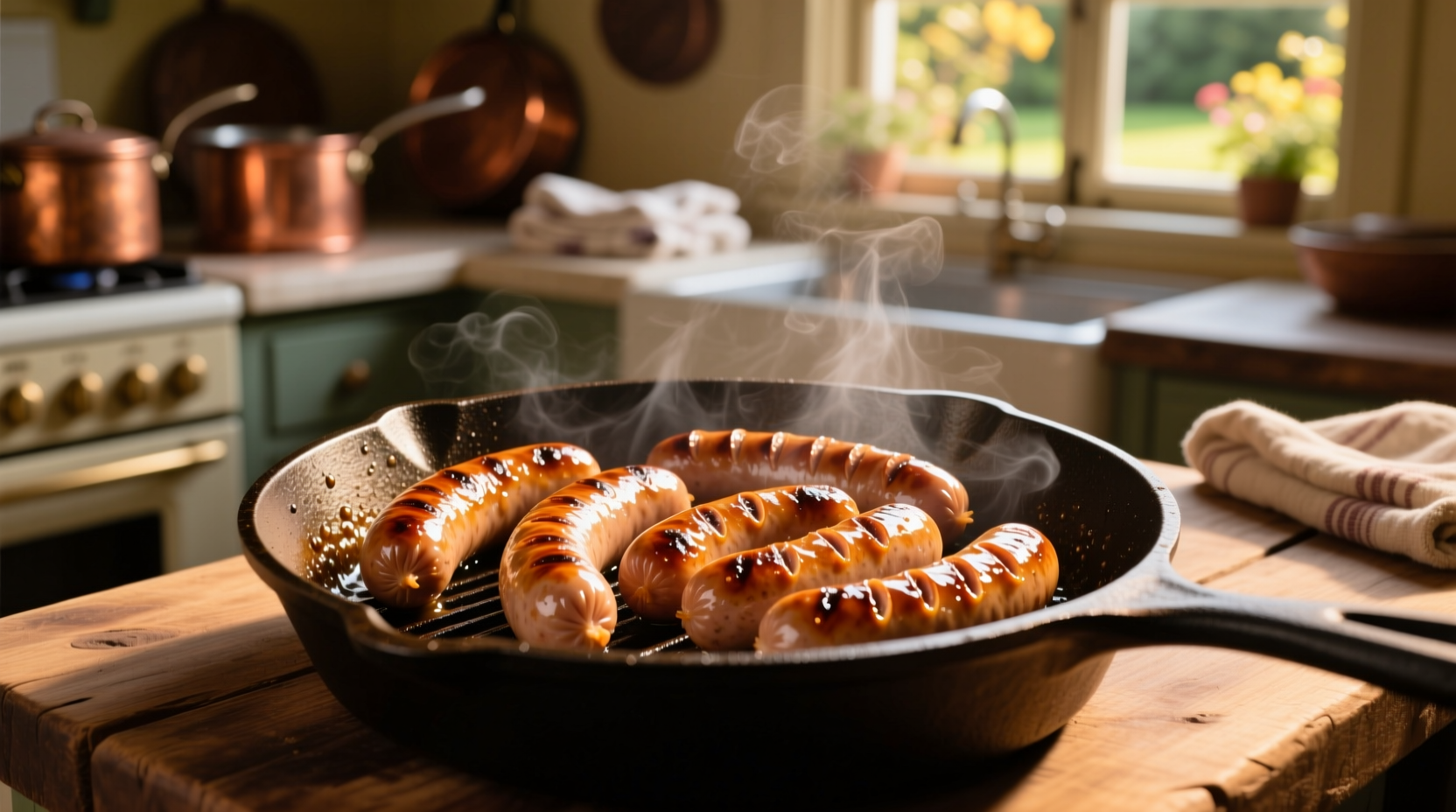 Perfectly browned sausages sizzling in cast iron skillet