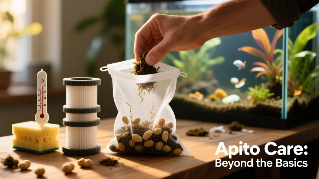 Hand placing pre-boiled peat moss into a mesh filter bag beside a sponge filter and aquarium thermometer