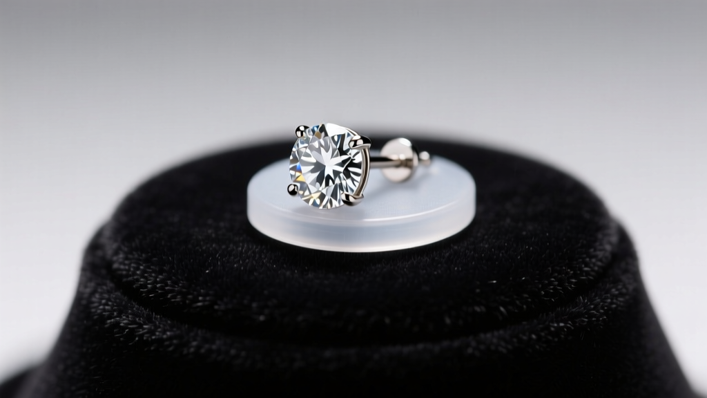 Close-up of a diamond stud earring supported by a clear silicone lifter on a velvet bust under bright studio lighting