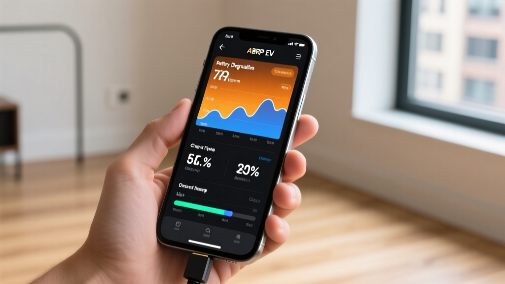 Smartphone displaying the ABRP EV live data interface connected via OBD2 showing real-time battery degradation metrics