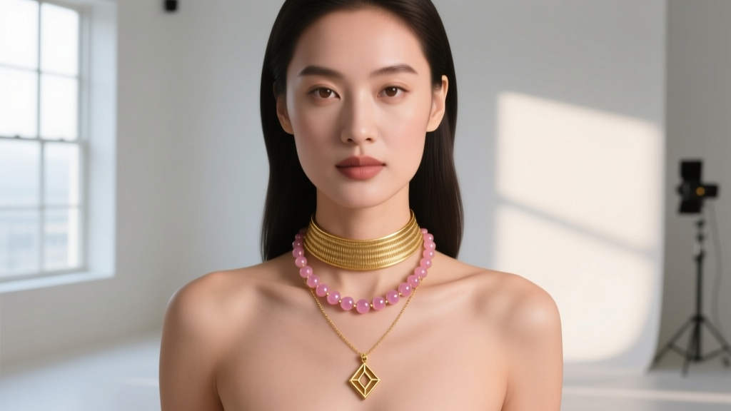 Woman wearing a layered stack with a 14k gold choker, an 18-inch morganite bead necklace, and a 22-inch delicate gold pendant.