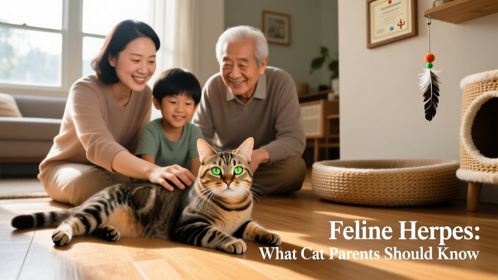 A smiling family gently petting a relaxed, healthy-looking cat with bright eyes and a clean coat