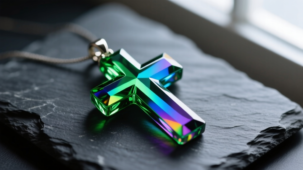 Macro shot of a vibrant dichroic glass cross pendant resting on dark slate, catching iridescent light reflections beautifully.