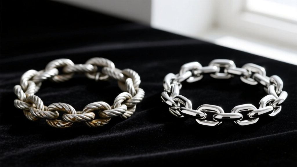 Close-up of a tarnished sterling silver rope chain next to a polished stainless steel rope chain on dark velvet.