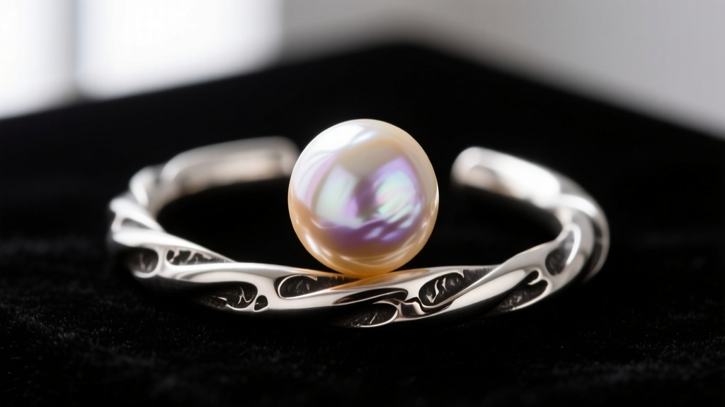 Macro shot of 16-gauge oxidized sterling silver helix cuff with a single unpolished baroque pearl against a dark velvet backdrop