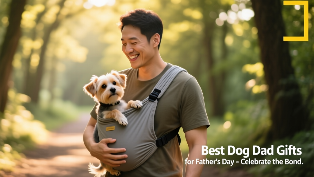A smiling dog dad holding his small dog in a hands-free sling carrier while walking outdoors