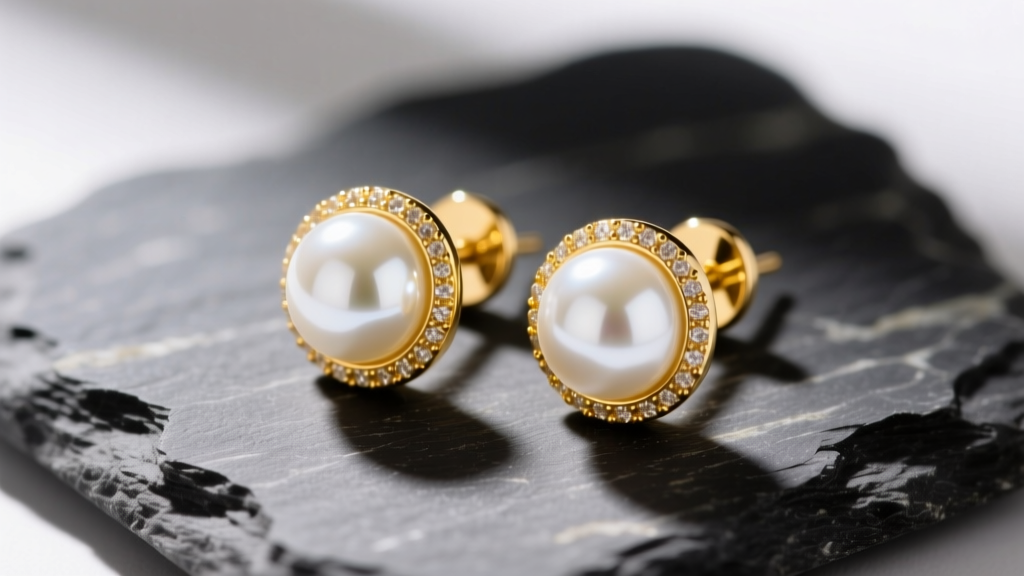 Macro shot of 14k yellow gold stud earrings with 7mm round white Akoya pearls showing high luster, resting on dark slate stone