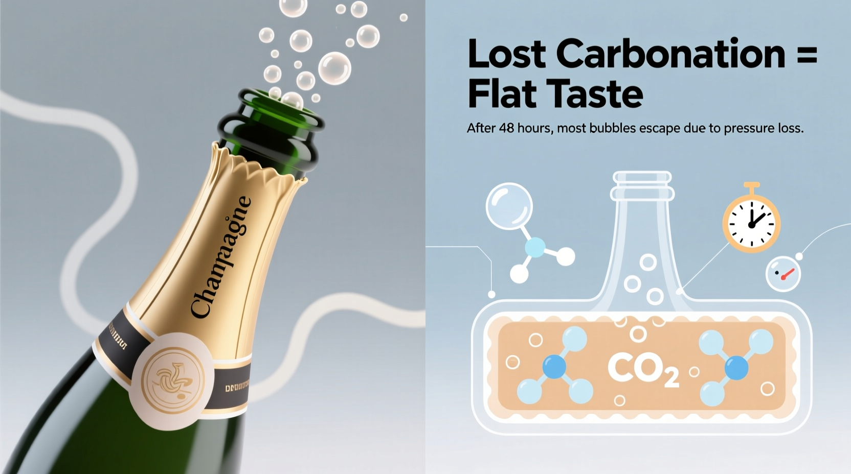 why does champagne taste flat after being open two days