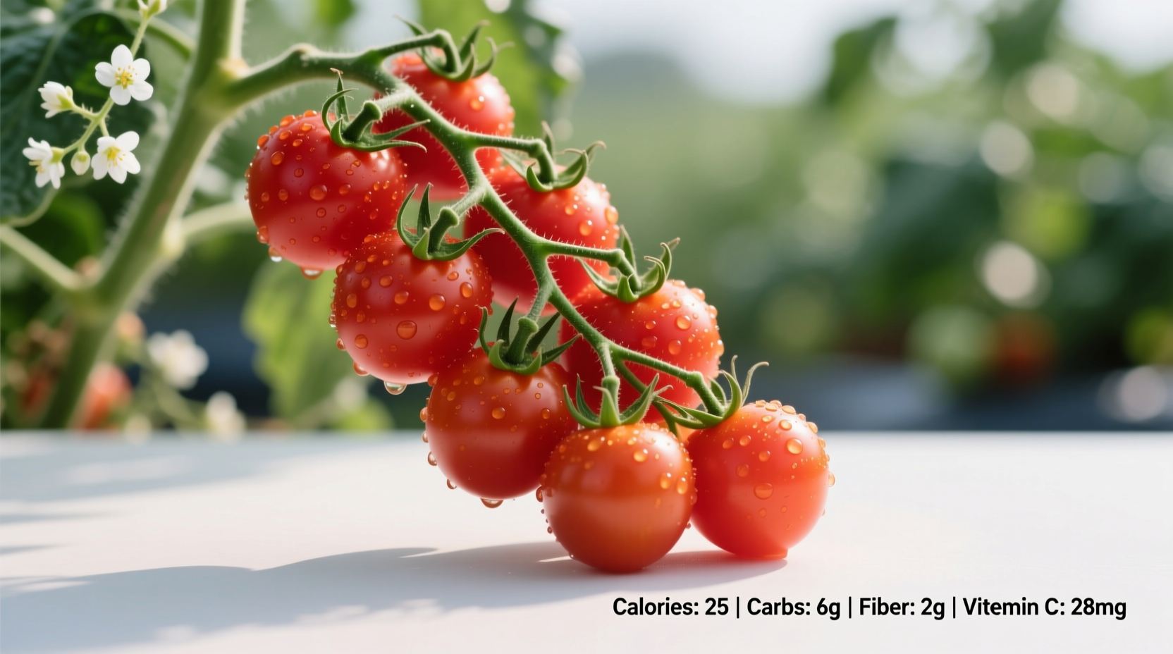 Fresh cherry tomatoes on vine with nutritional facts
