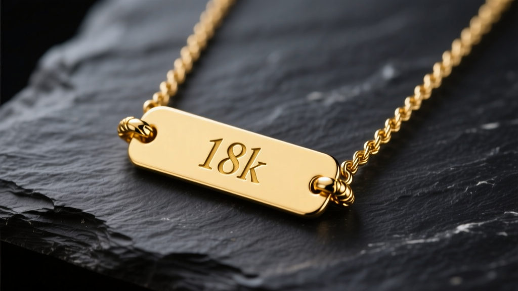 Macro shot of 18k yellow gold nameplate necklace on dark slate, showing the delicate cable chain and small lobster clasp.