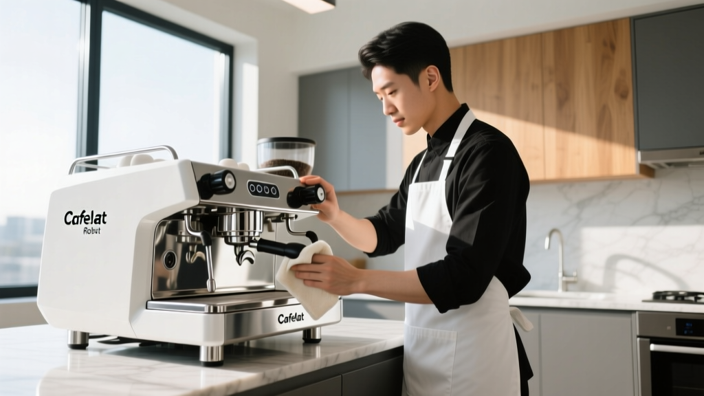 Barista wiping the stainless steel brew head of a Cafelat Robot espresso maker with a microfiber cloth in a bright sunlit modern kitchen