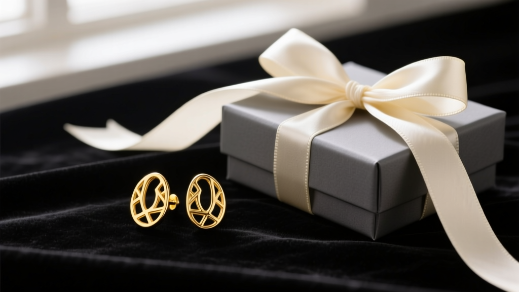 14k yellow gold hollow bean stud earrings on dark velvet next to a wrapped gift box and silk ribbon under soft lighting