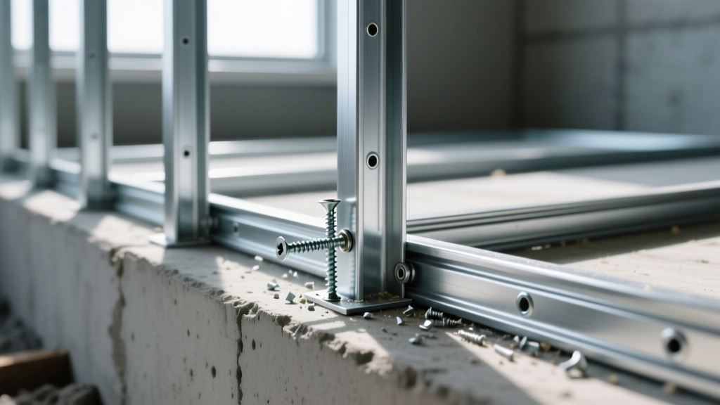Close-up of galvanized steel wall studs and tracks being assembled with self-drilling screws on a residential concrete slab foundation