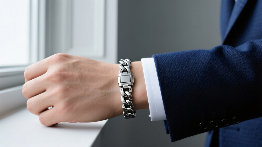 Close-up of a wrist wearing an 8mm sterling silver Cuban link bracelet with a folding clasp against a navy suit.