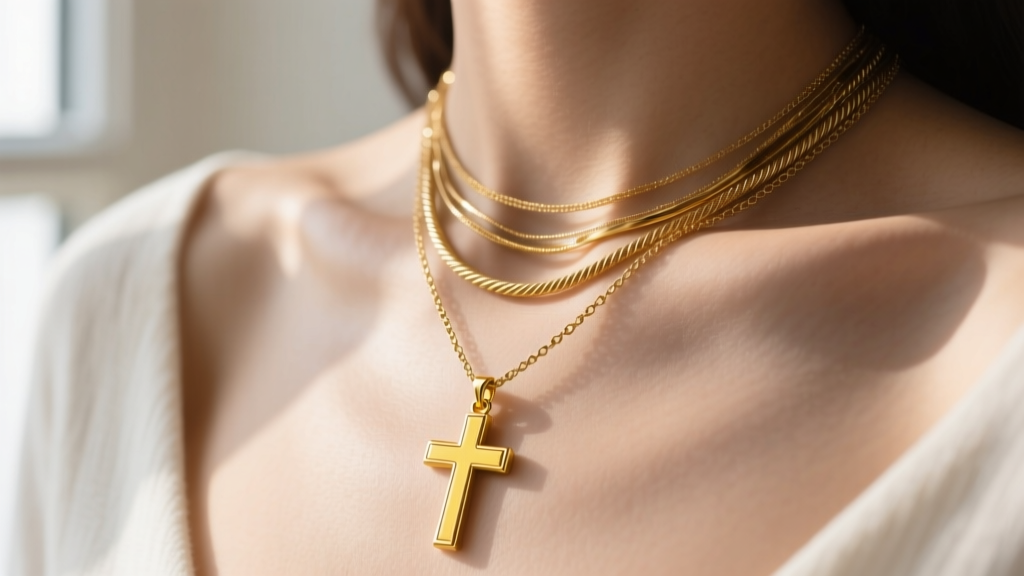 Collarbone layered with gold necklaces, highlighting a 14k sideways cross pendant on a 16-inch cable chain, soft natural lighting.