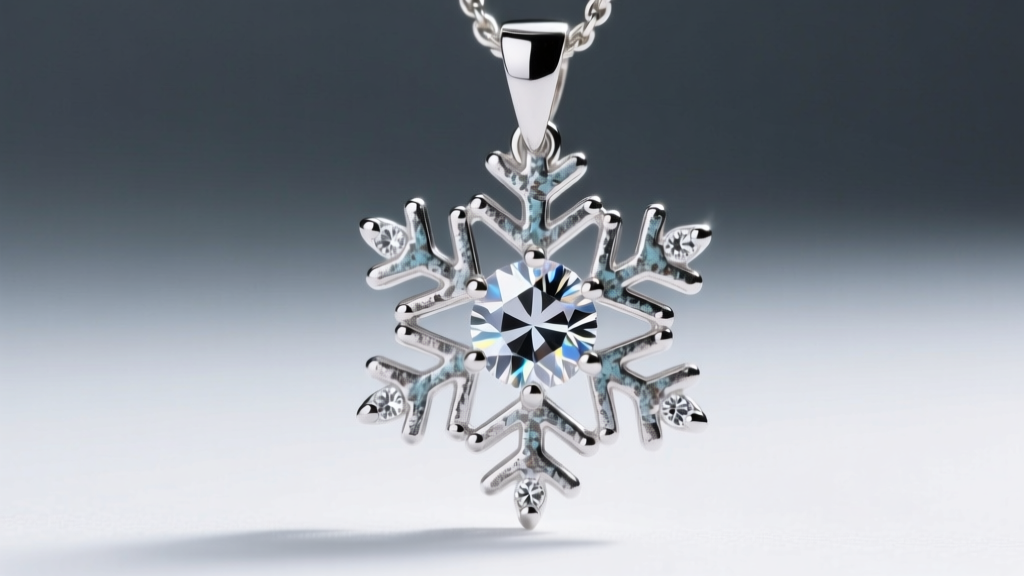 Macro shot of Uno de 50 snowflake pendant edge showing oxidized silver texture and prong-set glass crystal in soft light.